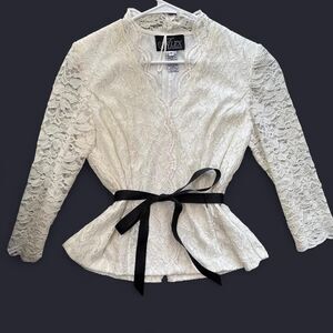 STUNNING INSANE Vintage White lace wrap top with black ribbon belt detail